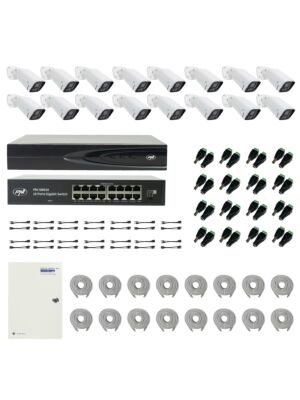 PNI House IP816 NVR pakket met 16 PNI IP740 4MP camera's, bron, switch, kabels, stekkers en splitters