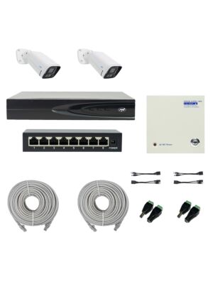 PNI House IP816 NVR pakket met 2 PNI IP780 4K camera's, bron, switch, kabels, stekkers en splitters