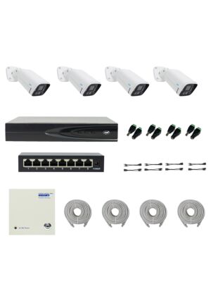 PNI House IP816 NVR pakket met 4 PNI IP780 4K camera's, bron, switch, kabels, stekkers en splitters