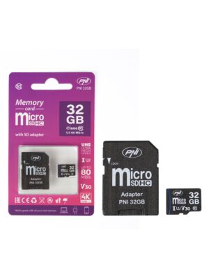 MicroSD PNI 32GB-geheugenkaart met SD-adapter, klasse 10, 80 Mb/s, V30