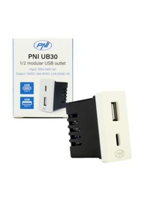 Stopcontact 2 x USB PNI UB30, USB-A USB-C, 12V/9V/5V, max. 20W, modulair, type F 1/2, inbouwmontage