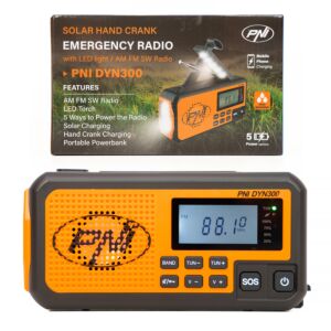 Draagbare radio PNI DYN300, met dynamo, zonne-energie, zaklamp, powerbank 4000 mAh, SOS, oranje