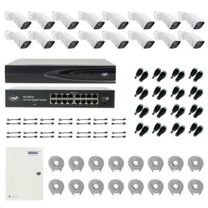 PNI House IP816 NVR pakket met 16 PNI IP740 4MP camera's, bron, switch, kabels, stekkers en splitters