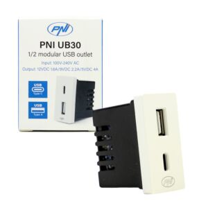 Stopcontact 2 x USB PNI UB30, USB-A USB-C, 12V/9V/5V, max. 20W, modulair, type F 1/2, inbouwmontage